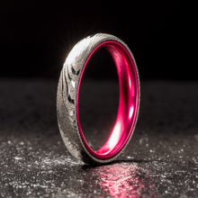 Load image into Gallery viewer, Wood Grain Damascus Steel Ring - Resilient Pink - 4MM - EMBR