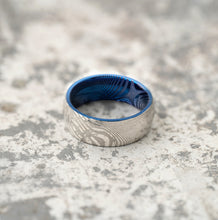 Load image into Gallery viewer, Wood Grain Damascus Steel Ring - Silver/Blue Minimalist - EMBR
