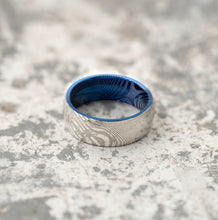 Load image into Gallery viewer, Wood Grain Damascus Steel Ring - Silver/Blue Minimalist - EMBR