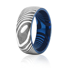 Load image into Gallery viewer, Wood Grain Damascus Steel Ring - Silver/Blue Minimalist - EMBR
