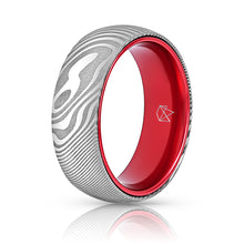 Load image into Gallery viewer, Wood Grain Damascus Steel Ring - Resilient Red - EMBR
