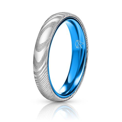 Wood Grain Damascus Steel Ring - Resilient Blue - 4MM - EMBR
