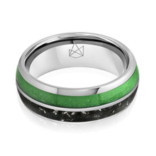 Silver Tungsten Ring - Green Glow & Real Meteorite - EMBR