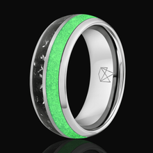 Silver Tungsten Ring - Green Glow & Real Meteorite - EMBR