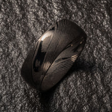 Load image into Gallery viewer, Wood Grain Damascus Steel Ring - Gun Metal Minimalist - EMBR
