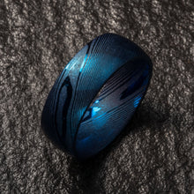 Load image into Gallery viewer, Wood Grain Damascus Steel Ring - Cobalt Blue Minimalist - EMBR
