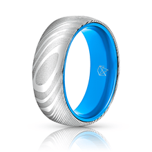 Load image into Gallery viewer, Wood Grain Damascus Steel Ring - Resilient Blue - EMBR
