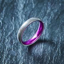 Load image into Gallery viewer, Wood Grain Damascus Steel Ring - Resilient Purple - 4MM
