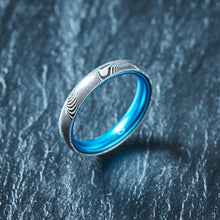 Load image into Gallery viewer, Wood Grain Damascus Steel Ring - Resilient Blue - 4MM - EMBR
