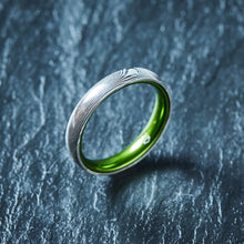 Load image into Gallery viewer, Wood Grain Damascus Steel Ring - Resilient Green - 4MM - EMBR
