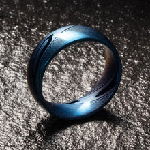 Load image into Gallery viewer, Wood Grain Damascus Steel Ring - Cobalt Blue Minimalist - EMBR
