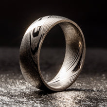 Load image into Gallery viewer, Wood Grain Damascus Steel Ring - Gun Metal Minimalist - EMBR
