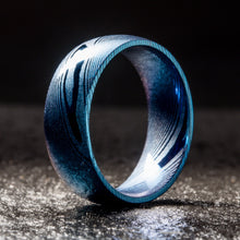 Load image into Gallery viewer, Wood Grain Damascus Steel Ring - Cobalt Blue Minimalist - EMBR
