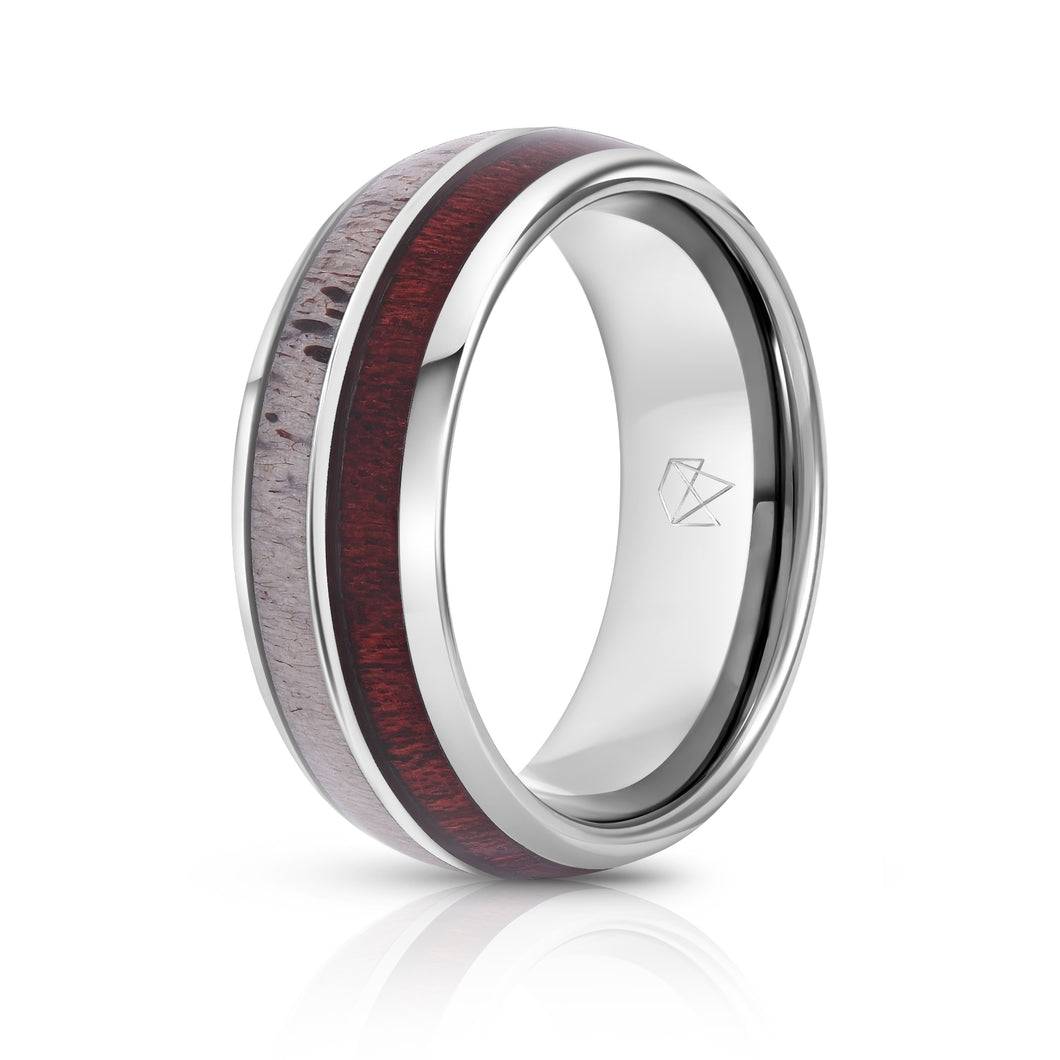 Silver Tungsten Ring - Antler & Koa Wood - EMBR