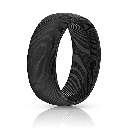 Wood Grain Damascus Steel Ring - Gun Metal Minimalist - EMBR