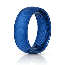 Load image into Gallery viewer, Wood Grain Damascus Steel Ring - Cobalt Blue Minimalist - EMBR
