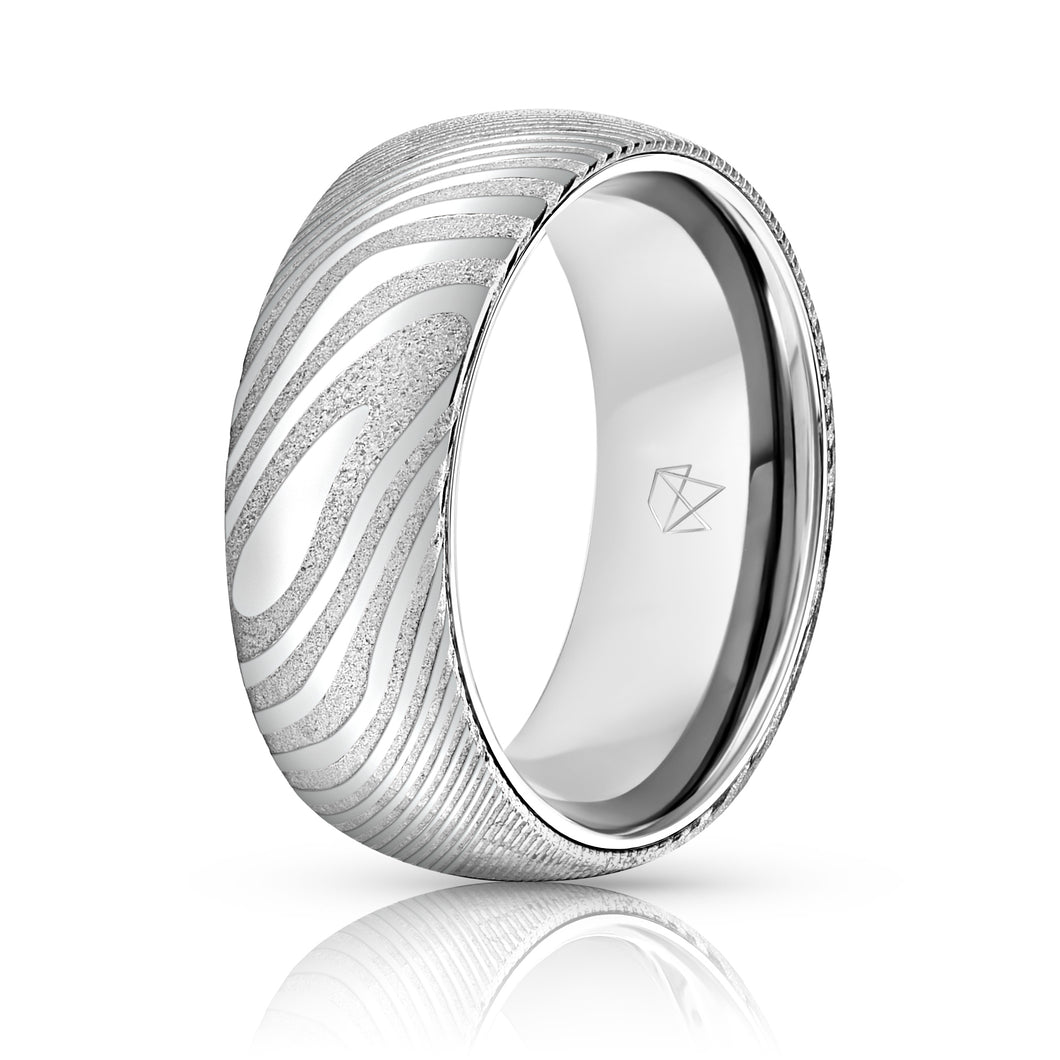 Wood Grain Damascus Steel Ring - Sterling Silver - EMBR