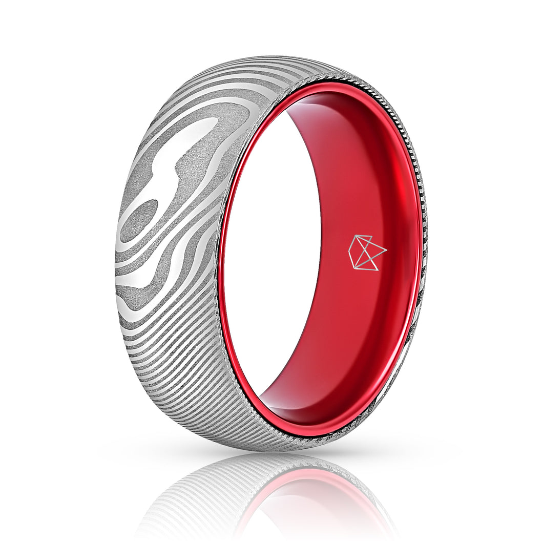 Wood Grain Damascus Steel Ring - Resilient Red - EMBR