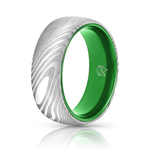 Load image into Gallery viewer, Wood Grain Damascus Steel Ring - Resilient Green - EMBR

