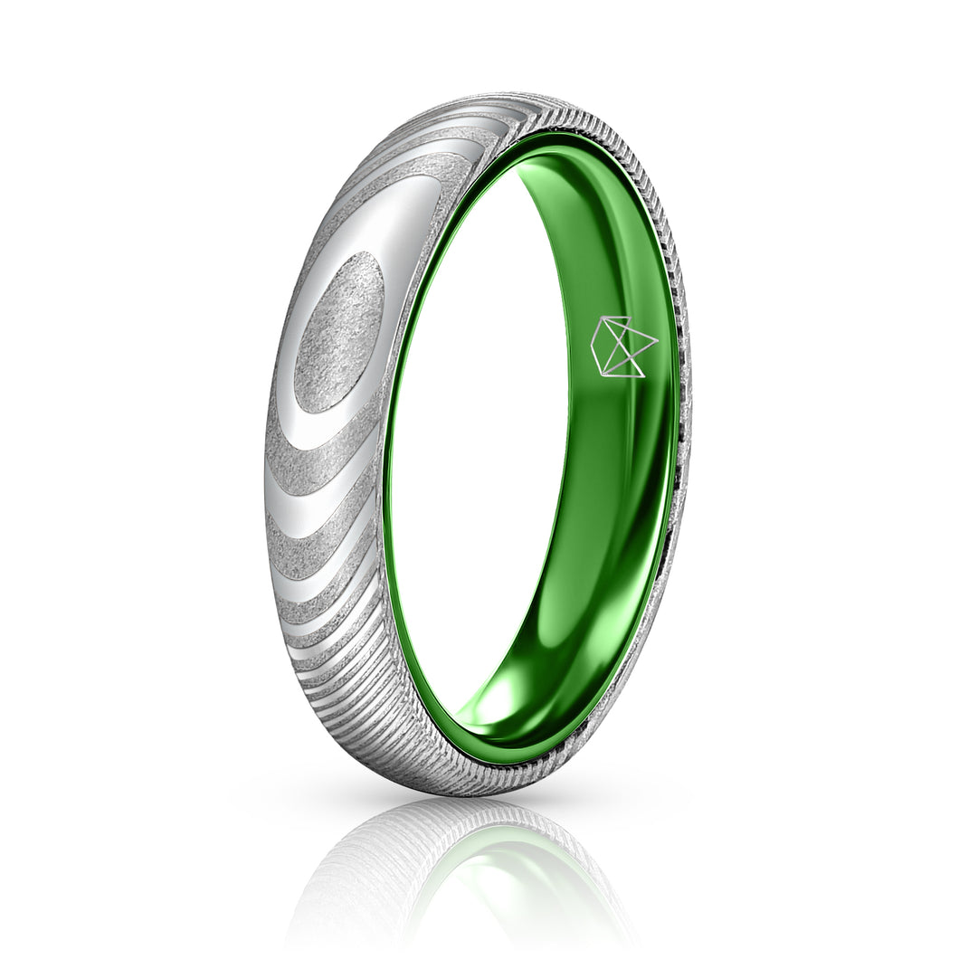 Wood Grain Damascus Steel Ring - Resilient Green - 4MM - EMBR