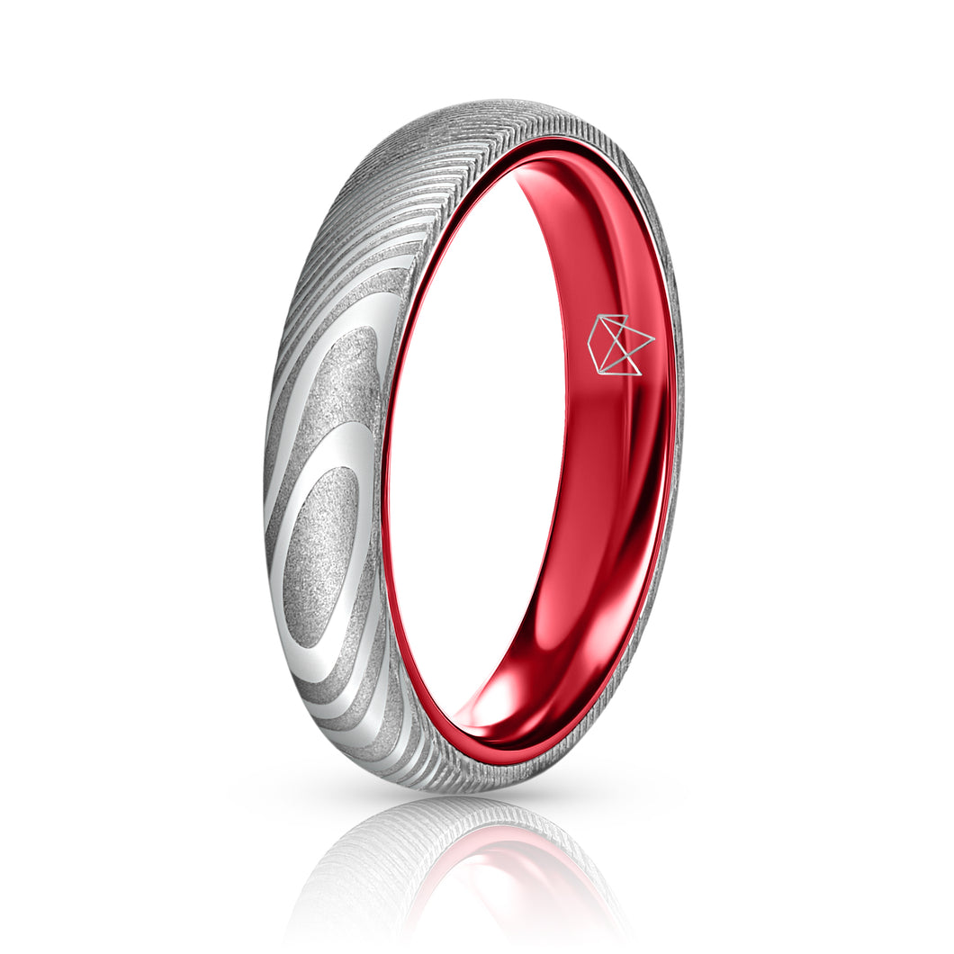Wood Grain Damascus Steel Ring - Resilient Red - 4MM