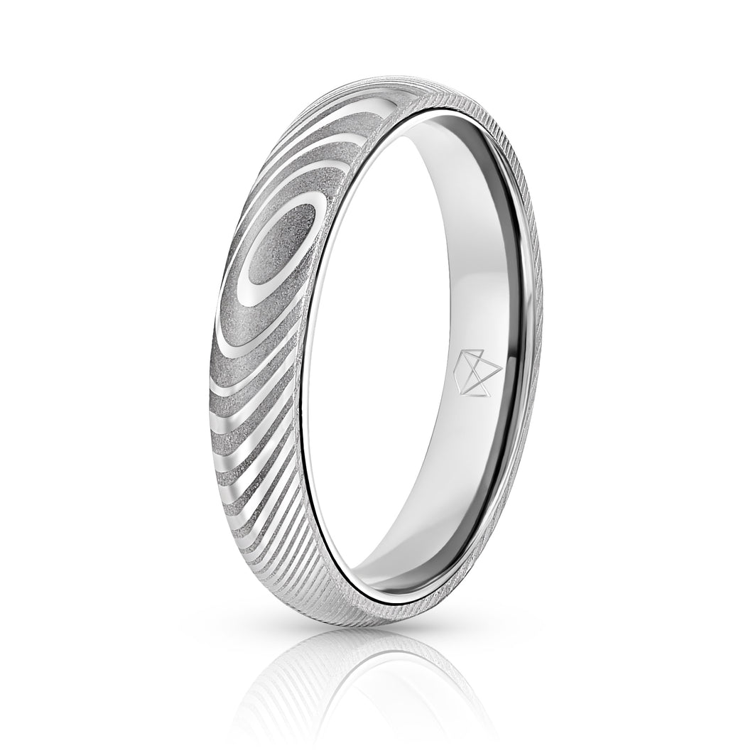 Wood Grain Damascus Steel Ring - Sterling Silver - 4MM - EMBR