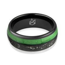Load image into Gallery viewer, Black Tungsten Ring - Green Glow &amp; Real Meteorite - EMBR
