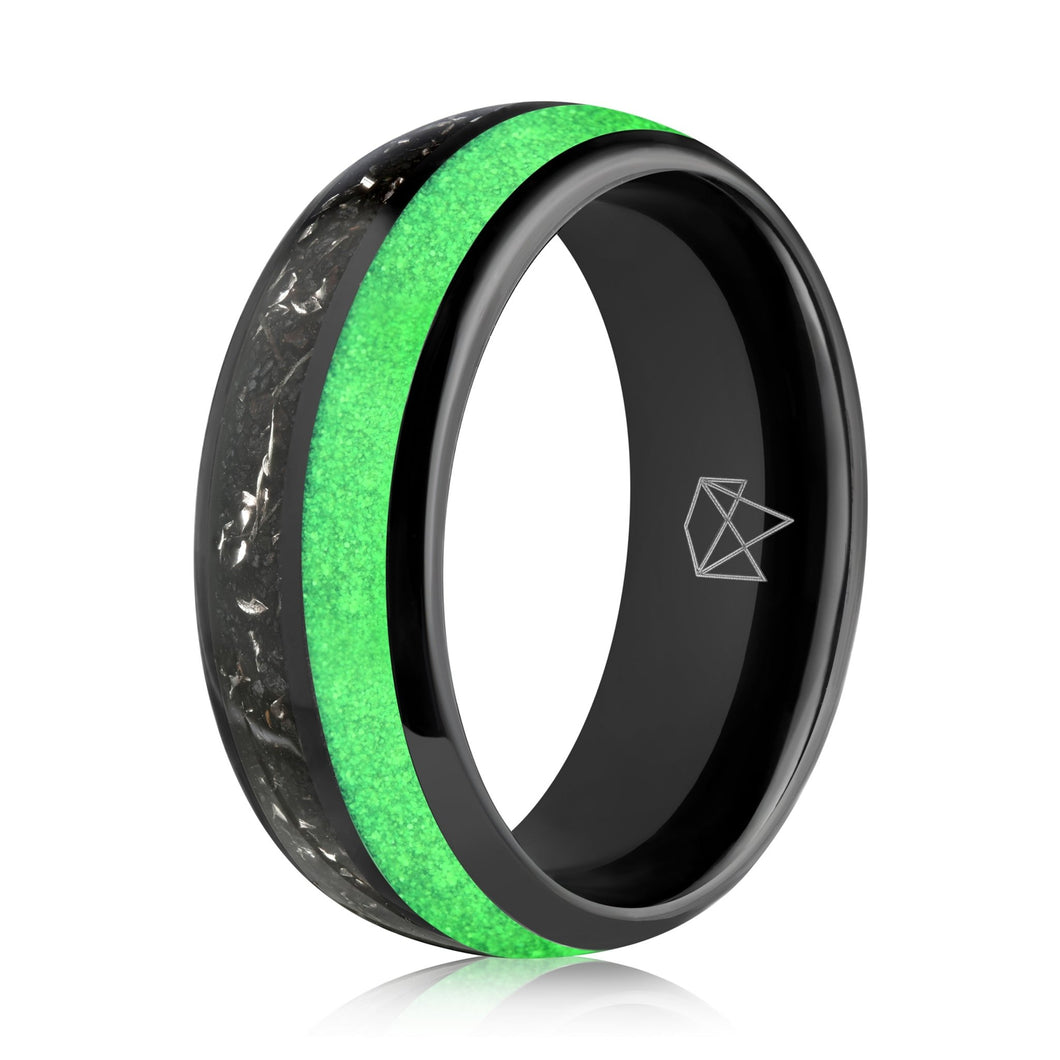 Black Tungsten Ring - Green Glow & Real Meteorite - EMBR