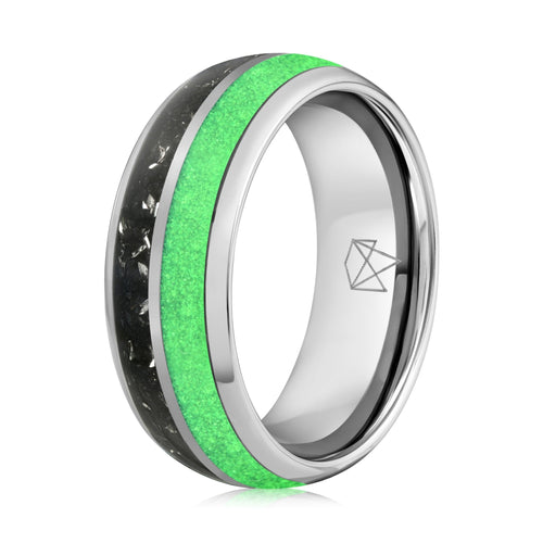 Silver Tungsten Ring - Green Glow & Real Meteorite - EMBR