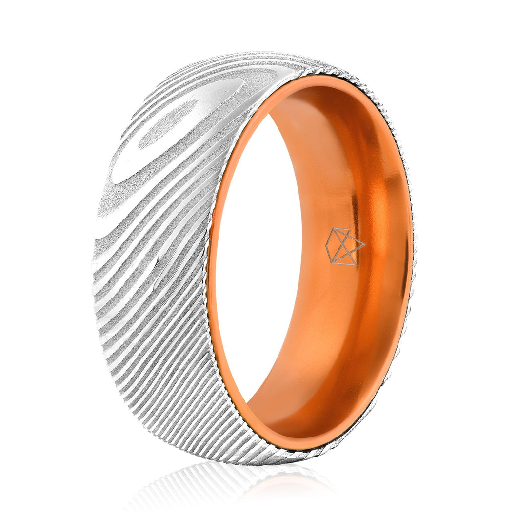 Wood Grain Damascus Steel Ring - Resilient Orange - EMBR