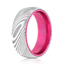 Load image into Gallery viewer, Wood Grain Damascus Steel Ring - Resilient Pink - EMBR
