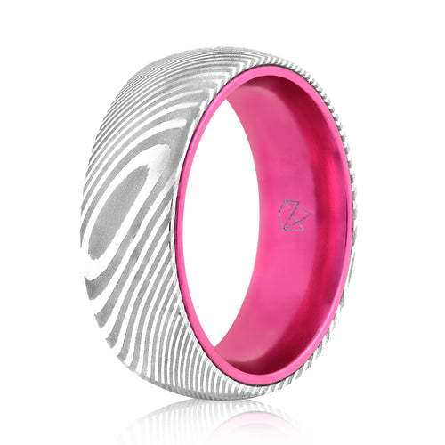 Wood Grain Damascus Steel Ring - Resilient Pink - EMBR