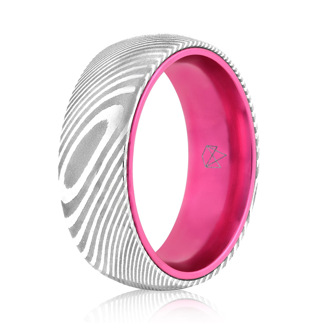 Wood Grain Damascus Steel Ring - Resilient Pink - EMBR