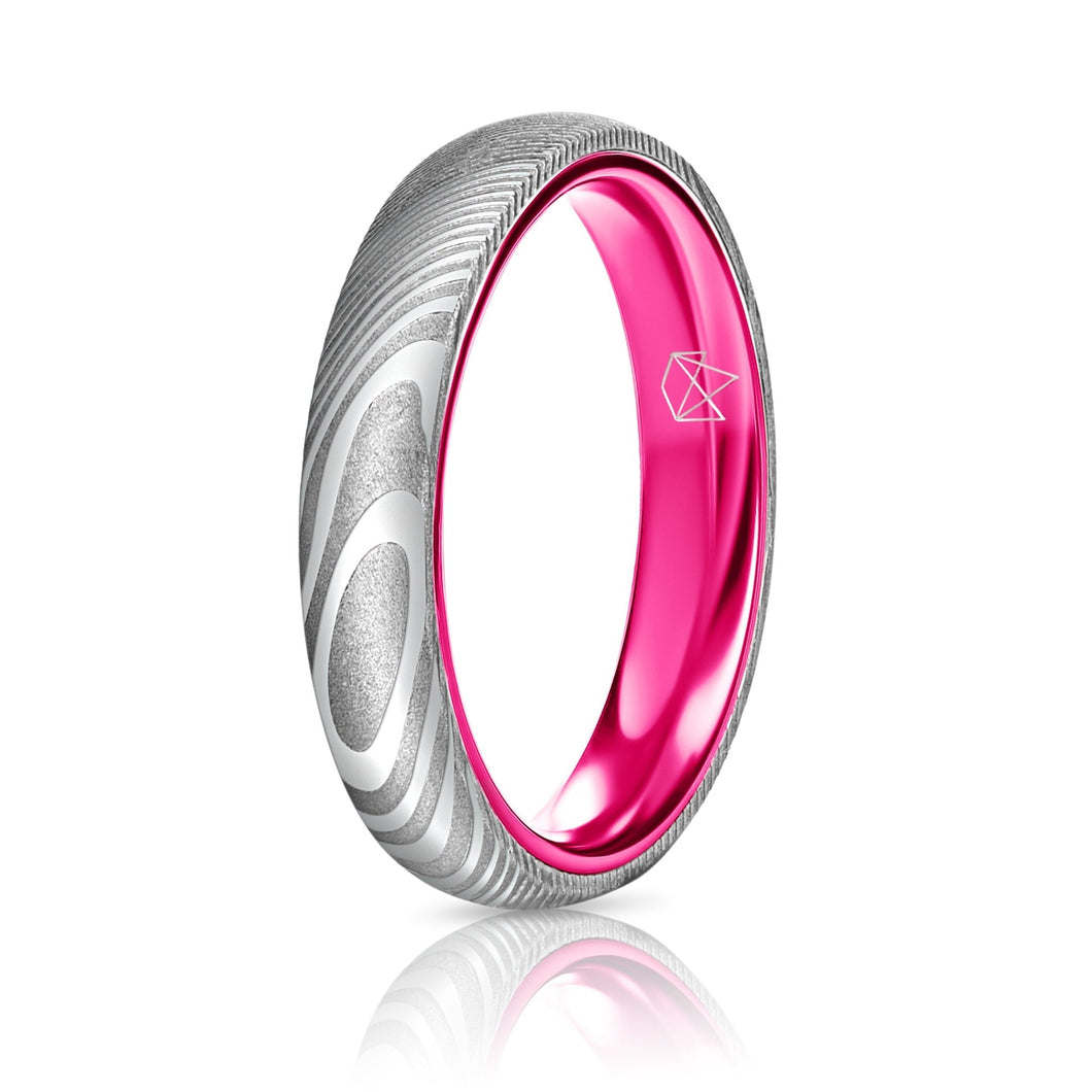Wood Grain Damascus Steel Ring - Resilient Pink - 4MM - EMBR