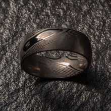 Load image into Gallery viewer, Wood Grain Damascus Steel Ring - Gun Metal Minimalist - EMBR
