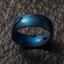 Load image into Gallery viewer, Wood Grain Damascus Steel Ring - Cobalt Blue Minimalist - EMBR
