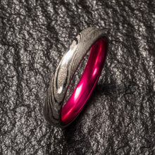 Load image into Gallery viewer, Wood Grain Damascus Steel Ring - Resilient Pink - 4MM - EMBR
