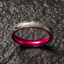 Load image into Gallery viewer, Wood Grain Damascus Steel Ring - Resilient Pink - 4MM - EMBR
