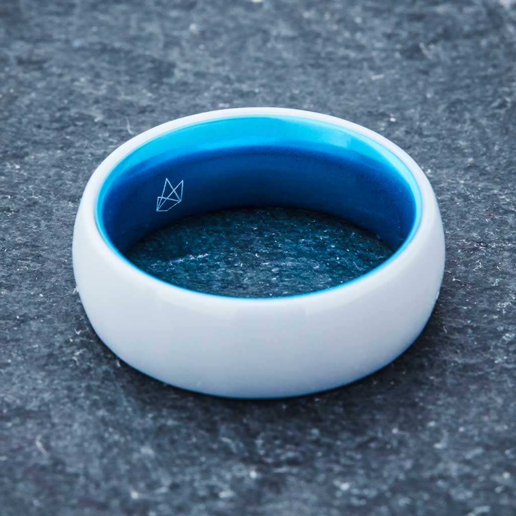 Unisex Blue & White 12mm Ceramic Plain Band Ring, Wedding/Engagement Style, New Without Tags