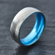 Load image into Gallery viewer, Wood Grain Damascus Steel Ring - Resilient Blue - EMBR
