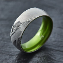 Load image into Gallery viewer, Wood Grain Damascus Steel Ring - Resilient Green - EMBR
