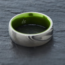Load image into Gallery viewer, Wood Grain Damascus Steel Ring - Resilient Green - EMBR

