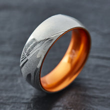 Load image into Gallery viewer, Wood Grain Damascus Steel Ring - Resilient Orange - EMBR
