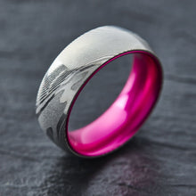 Load image into Gallery viewer, Wood Grain Damascus Steel Ring - Resilient Pink - EMBR
