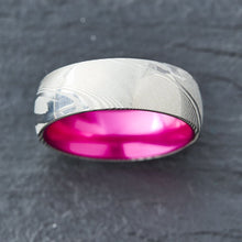 Load image into Gallery viewer, Wood Grain Damascus Steel Ring - Resilient Pink - EMBR
