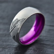 Load image into Gallery viewer, Wood Grain Damascus Steel Ring - Resilient Purple - EMBR
