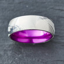 Load image into Gallery viewer, Wood Grain Damascus Steel Ring - Resilient Purple - EMBR
