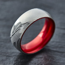 Load image into Gallery viewer, Wood Grain Damascus Steel Ring - Resilient Red - EMBR
