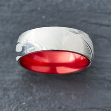 Load image into Gallery viewer, Wood Grain Damascus Steel Ring - Resilient Red - EMBR
