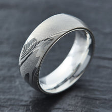 Load image into Gallery viewer, Wood Grain Damascus Steel Ring - Sterling Silver - EMBR
